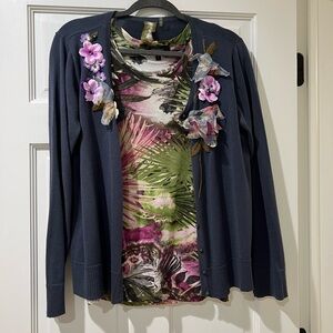 Karen Kane Navy Cardigan blouse set top with Floral Accents size L